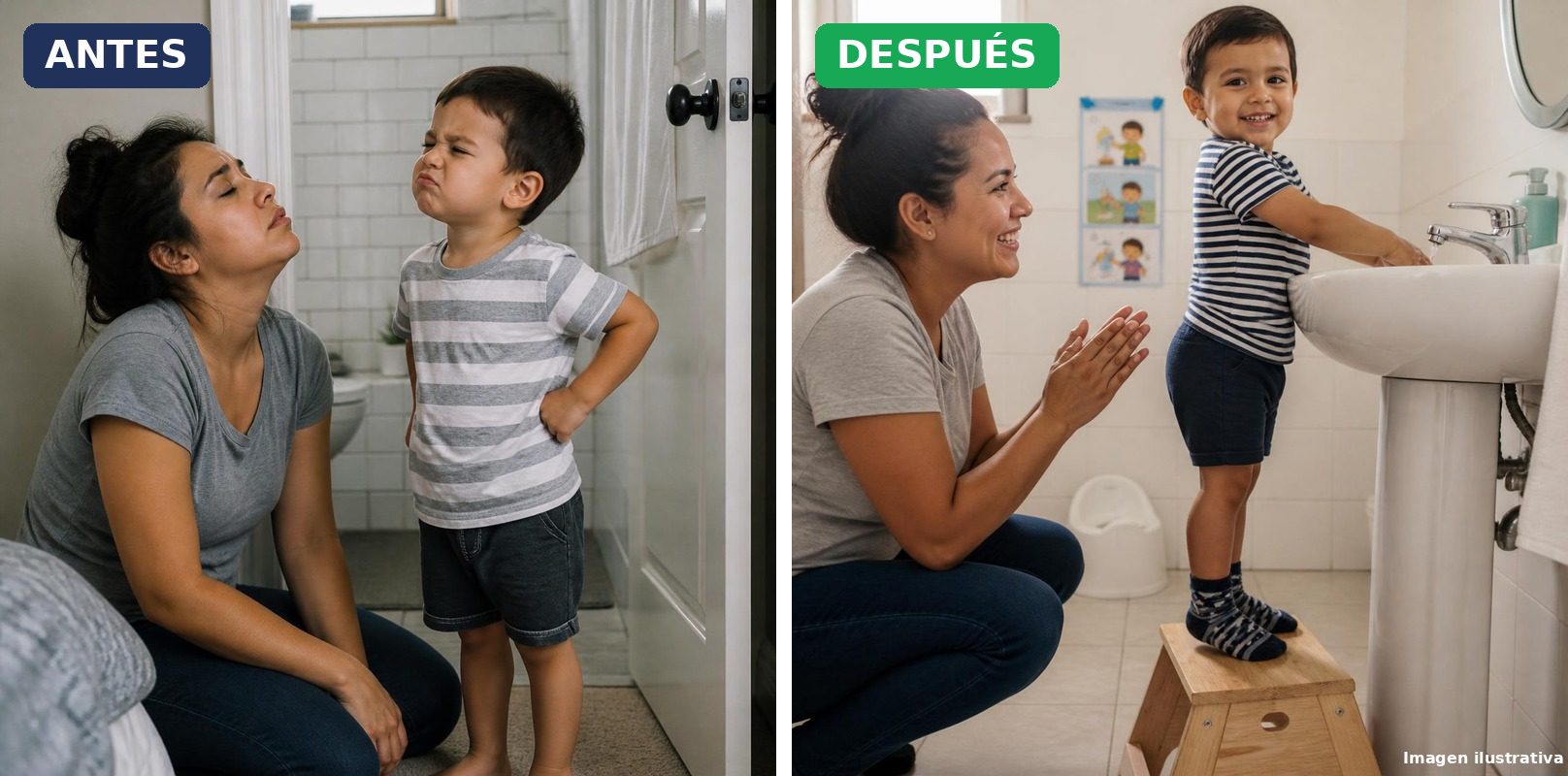Antes: un niño se niega a entrar al baño y su mamá está agotada. Después: el niño se lava las manos sonriendo y su mamá lo aplaude.