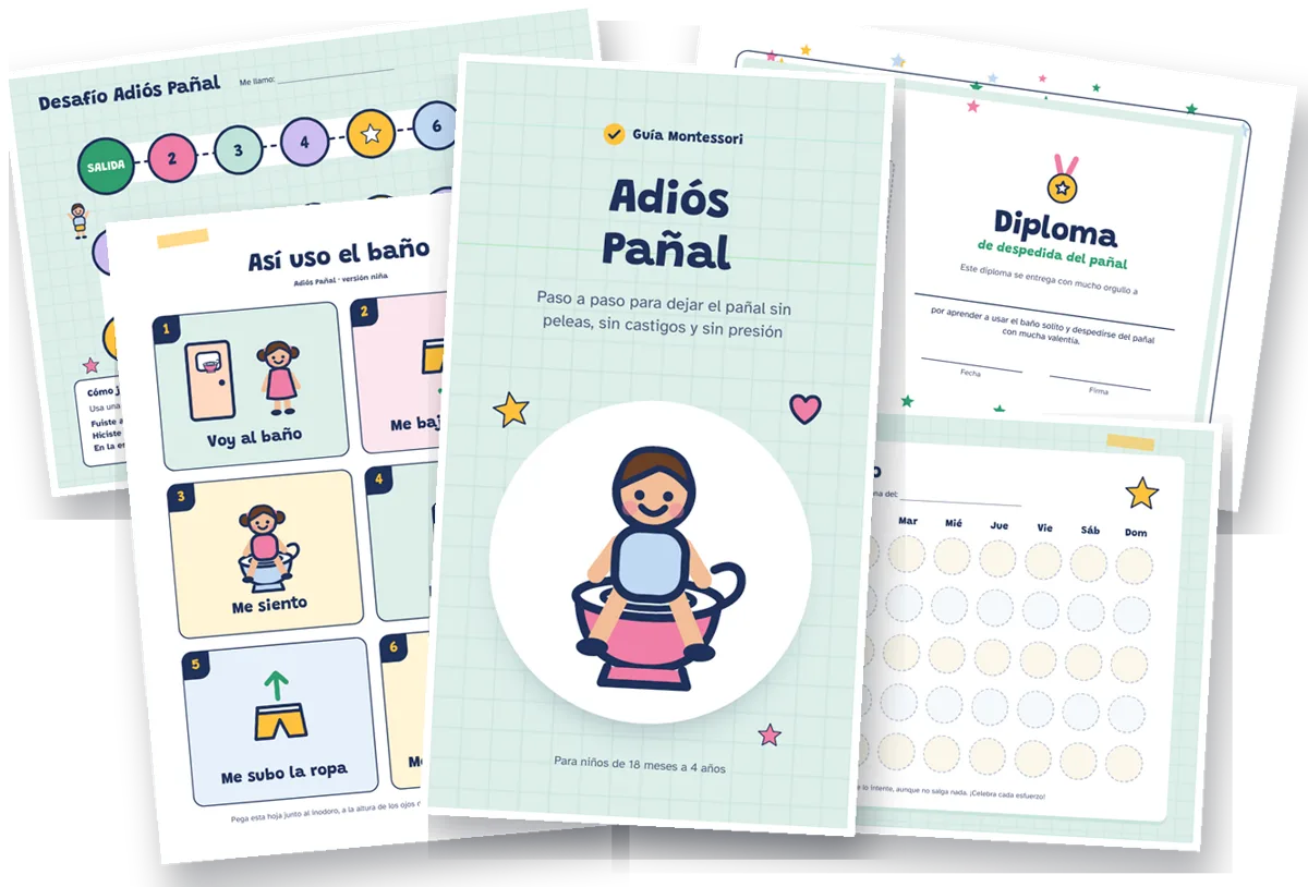 Los cinco materiales de Adiós Pañal: guía, secuencia del baño, tabla de progreso, desafío y diploma
